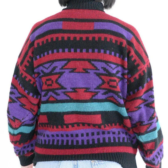 Vintage 90'S Vanderbilt Maroon Black Purple Aztec Turtleneck  Knit Sweater M - Picture 3 of 13